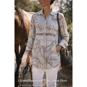 i Linen Jubilea Print 100% Organic European Linen Shirt Made in Europe Sz L